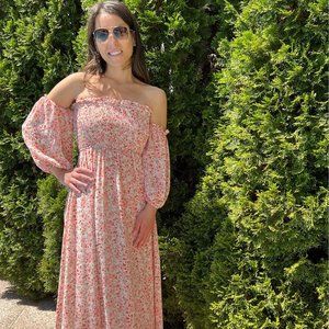 Floral Smocked Top Flare Skirt Off the Shoulder Dress